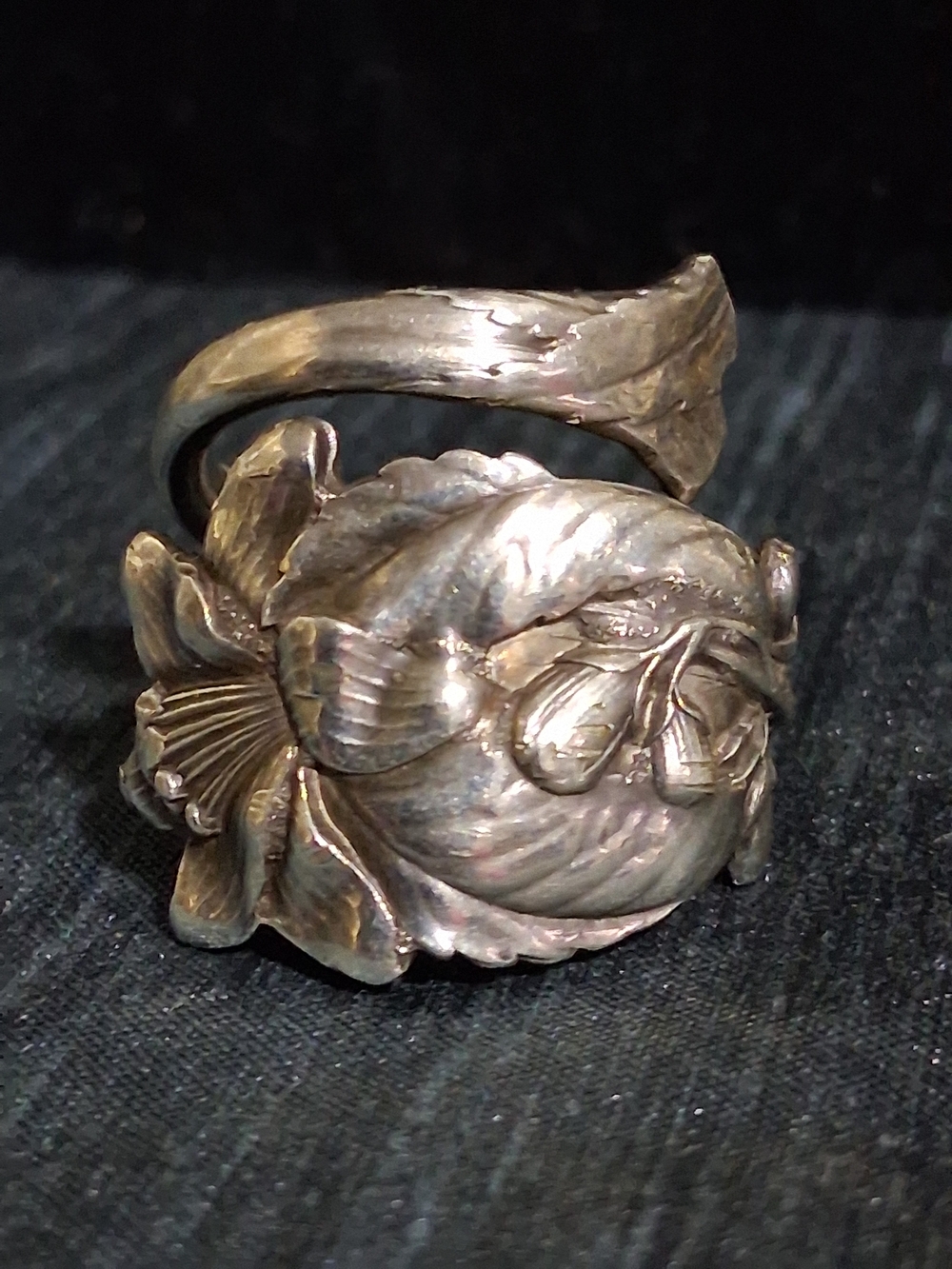 Vintage Sterling Silver Spoon Ring Ornate Floral Orchid Wrap Ring Sz 9.5